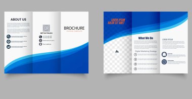 Mavi dalgalı üç katlı broşür. Vektör çizimi. Üç Katlı Yazdırma Broşürü Hazırlama Şablonu. Profesyonel Düzen.