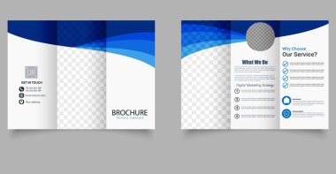 Mavi dalgalı üç katlı broşür. Vektör çizimi. Üç Katlı Yazdırma Broşürü Hazırlama Şablonu. Profesyonel Düzen.