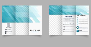 Modern Mavi Üçlü Broşür Geometrik İş Tasarımı. Şirket markalaşması, dijital hizmetler, danışmanlık ve tıbbi iş sunumları için ideal.