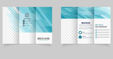 Şeffaf resim tutucuları ve bilgi elemanlarıyla mavi geometrik arkaplan içeren profesyonel ve temiz üç katlı broşür şürü. Yazdırma için düzenlenebilir resim.