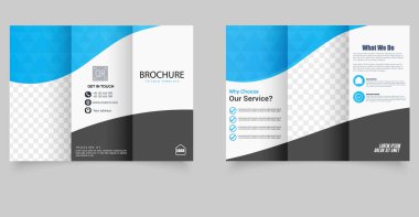 Modern minimalist dalga tasarımının mavi, beyaz ve siyah renkli olduğu profesyonel üç katlı broşür. Şirket hizmetleri, gayrimenkul, teknoloji veya pazarlama ajansları için mükemmel. Yazdırmaya hazır ve tamamen özelleştirilebilir.