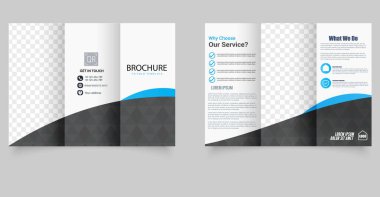 Modern minimalist dalga tasarımının mavi, beyaz ve siyah renkli olduğu profesyonel üç katlı broşür. Şirket hizmetleri, gayrimenkul, teknoloji veya pazarlama ajansları için mükemmel. Yazdırmaya hazır ve tamamen özelleştirilebilir.