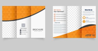 Canlı turuncu temalı ve geometrik dalga tasarımlı yaratıcı ve profesyonel üç katlı broşür. Metin, simge ve resimler için yer tutucuları içerir. Tam katmanlı ve yazdırmaya hazır.