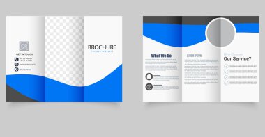 Üç katlı dalga broşürü. Mavi ve beyaz broşür. Tasarım ve baskı için, bir emlak acentesinin broşürü..