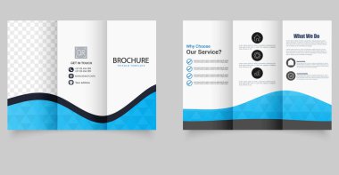 Üç katlı dalga broşürü. Mavi ve beyaz broşür. Tasarım ve baskı için, bir emlak acentesinin broşürü..