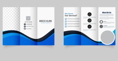 Üç katlı dalga broşürü. Mavi ve beyaz broşür. Tasarım ve baskı için, bir emlak acentesinin broşürü..