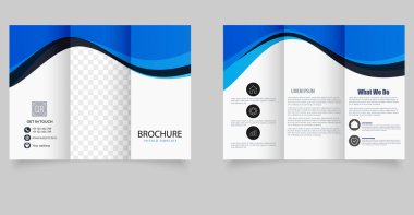 Üç katlı dalga broşürü. Mavi ve beyaz broşür. Tasarım ve baskı için, bir emlak acentesinin broşürü..