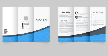 Yumuşak dalga elemanları ve temiz mavi-gri renk şeması olan modern üç katlı broşür tasarımı. İşletmeler, servis sağlayıcılar ve dijital pazarlama ajansları için idealdir. Hizmet alanı, şirket bilgileri ve simgelerle iletişim detaylarını içerir 