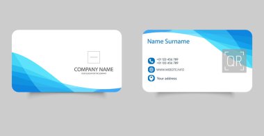 Soyut mavi dalgalar, yuvarlak köşeler, QR kod alanı ve modern simgelerden oluşan temiz ve profesyonel bir kartvizit tasarımı. Şirket kimliği, yaratıcı ajanslar ya da serbest meslek sahipleri için idealdir..