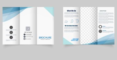 Mavi dalga tasarımı ve şeffaf imaj tutucuları olan profesyonel üç katlı broşür, kurumsal markalaşma, iş tanıtımı ve pazarlama sunumları için mükemmel..