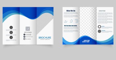 Mavi dalga tasarımı ve şeffaf imaj tutucuları olan profesyonel üç katlı broşür, kurumsal markalaşma, iş tanıtımı ve pazarlama sunumları için mükemmel..