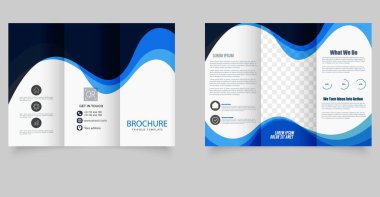 Mavi dalga tasarımı ve şeffaf imaj tutucuları olan profesyonel üç katlı broşür, kurumsal markalaşma, iş tanıtımı ve pazarlama sunumları için mükemmel..