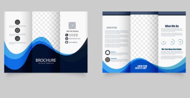 Mavi dalga tasarımı ve şeffaf imaj tutucuları olan profesyonel üç katlı broşür, kurumsal markalaşma, iş tanıtımı ve pazarlama sunumları için mükemmel..