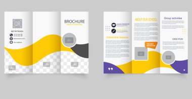 Okul Broşürüne Dönüş Şablonu. Modern Eğitim İçin Üçlü Tasarım. Sarı, gri ve mor renkli bir dalga deseninin yer aldığı üç katlı bir broşür.
