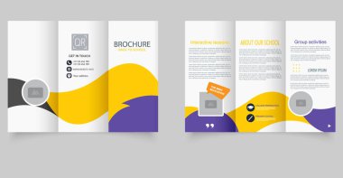 Okul Broşürüne Dönüş Şablonu. Eğitimin Üç Katlı Tasarımı Tanıtımı. Sarı, gri ve mor dalga desenli üç katlı bir broşür sergileniyor. Vektör illüstrasyonu.