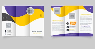 Okulun Üçlü Broşür Şablonu. Modern Eğitim Pilotu Kurumlar için Tasarım. Dinamik dalga şekillerinin yer aldığı, temiz ve modern bir düzeni olan profesyonel üç katlı broşür..