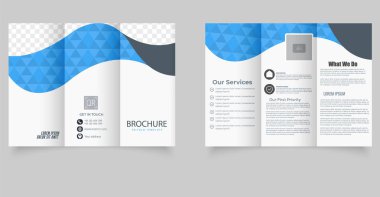 Modern mavi dalga tasarımlı profesyonel üç katlı broşür. İş sunumları, pazarlama, şirket profilleri ve reklamcılık için ideal. Yer tutucular ve simgelerle tam düzenlenebilir yerleşim.