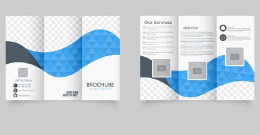 Modern mavi dalga tasarımlı profesyonel üç katlı broşür. İş sunumları, pazarlama, şirket profilleri ve reklamcılık için ideal. Yer tutucular ve simgelerle tam düzenlenebilir yerleşim.