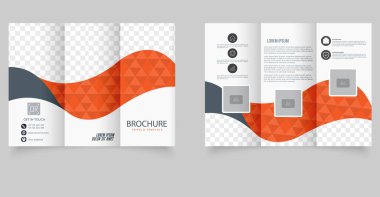 Modern kırmızı ve gri üç katlı broşür, geometrik şekiller ve düzenlenebilir yer tutucular. Ticaretin tanıtımı, dijital pazarlama veya kurumsal sunum düzeni için ideal