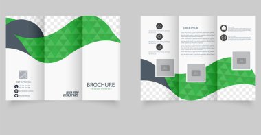 Geometrik şekilli üç katlı broşür ve düzenlenebilir yer tutucular. Ticari promosyon, dijital pazarlama ya da kurumsal sunum düzeni için ideal. Vektör grafikleri.