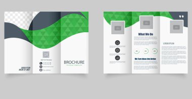 Geometrik şekilli üç katlı broşür ve düzenlenebilir yer tutucular. Ticari promosyon, dijital pazarlama ya da kurumsal sunum düzeni için ideal. Vektör grafikleri.