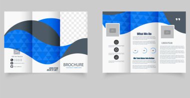 Geometrik şekilli üç katlı broşür ve düzenlenebilir yer tutucular. Ticari promosyon, dijital pazarlama ya da kurumsal sunum düzeni için ideal. Vektör grafikleri.