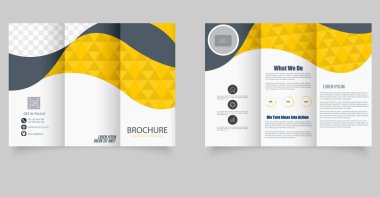 Geometrik şekilli üç katlı broşür ve düzenlenebilir yer tutucular. Ticari promosyon, dijital pazarlama ya da kurumsal sunum düzeni için ideal. Vektör grafikleri.