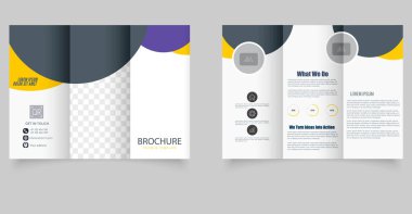 Geometrik şekilli modern üç katlı broşür. Ticaretin tanıtımı, dijital pazarlama veya kurumsal sunum düzeni için ideal.
