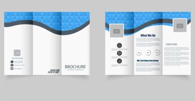 Geometrik şekilli üç katlı broşür ve düzenlenebilir yer tutucular. Ticari promosyon, dijital pazarlama ya da kurumsal sunum düzeni için ideal. Vektör grafikleri.