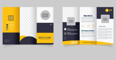 Sarı ve lacivert renkli üç katlı cesur broşür. Yer tutucular, bilgi grafikleri ve iletişim bölümleriyle düzenlenebilir düzen. Ticari pazarlama ve şirket profili için mükemmel.