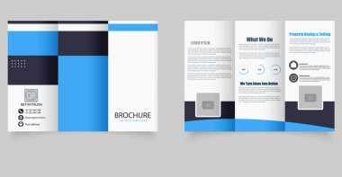 Mavi İş Üçlü Broşürü. Şirket Gayrimenkul Planı. Diyagramlar ve içerik blokları ile tam olarak düzenlenebilir ve yazdırmaya hazır düzen.