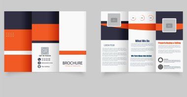 Modern Üçlü İş Broşürü. Turuncu ve koyu mavi renkli profesyonel üç katlı iş broşürü. Şirket pazarlaması, danışmanlık, emlak hizmetleri ve şirket profilleri için ideal.