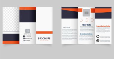 Modern Üçlü İş Broşürü. Turuncu ve koyu mavi renkli profesyonel üç katlı iş broşürü. Şirket pazarlaması, danışmanlık, emlak hizmetleri ve şirket profilleri için ideal.