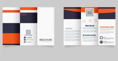 Modern Üçlü İş Broşürü. Turuncu ve koyu mavi renkli profesyonel üç katlı iş broşürü. Şirket pazarlaması, danışmanlık, emlak hizmetleri ve şirket profilleri için ideal.