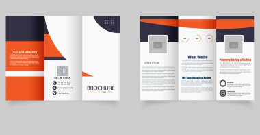Modern Üçlü İş Broşürü. Turuncu ve koyu mavi renkli profesyonel üç katlı iş broşürü. Şirket pazarlaması, danışmanlık, emlak hizmetleri ve şirket profilleri için ideal.