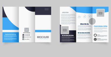 Modern Üçlü İş Broşürü. Turuncu ve koyu mavi renkli profesyonel üç katlı iş broşürü. Şirket pazarlaması ve danışmanlık için ideal..