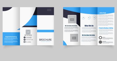 Mavi dalga tasarımı ve şeffaf imaj tutucuları olan profesyonel üç katlı broşür, kurumsal markalaşma, iş tanıtımı ve pazarlama sunumları için mükemmel..