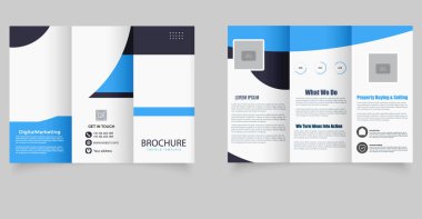 Mavi dalga tasarımı ve şeffaf imaj tutucuları olan profesyonel üç katlı broşür, kurumsal markalaşma, iş tanıtımı ve pazarlama sunumları için mükemmel..