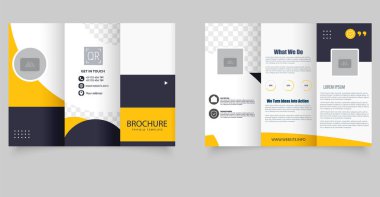 Sarı ve lacivert renkli üç katlı cesur broşür. Yer tutucular, bilgi grafikleri ve iletişim bölümü ile düzenlenebilir düzen
