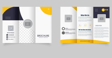 Sarı ve lacivert renkli üç katlı cesur broşür. Yer tutucular, bilgi grafikleri ve iletişim bölümü ile düzenlenebilir düzen