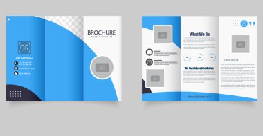 Mavi dalga tasarımı ve şeffaf imaj tutucuları olan profesyonel üç katlı broşür, kurumsal markalaşma, iş tanıtımı ve pazarlama sunumları için mükemmel..