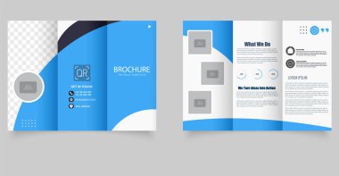 Mavi dalga tasarımı ve şeffaf imaj tutucuları olan profesyonel üç katlı broşür, kurumsal markalaşma, iş tanıtımı ve pazarlama sunumları için mükemmel..