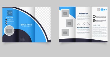 Mavi dalga tasarımı ve şeffaf imaj tutucuları olan profesyonel üç katlı broşür, kurumsal markalaşma, iş tanıtımı ve pazarlama sunumları için mükemmel..