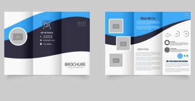 Mavi dalga tasarımı içeren temiz ve modern üç katlı broşür tasarımı, görüntüler için yer tutucular ve minimum yerleşim planı. İş, pazarlama ve kurumsal markalaşma amaçları için ideal