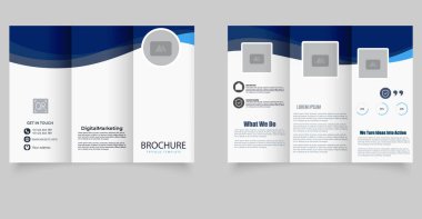 Mavi dalgalı üç katlı broşür. Vektör çizimi. Üç Katlı Yazdırma Broşürü Hazırlama Şablonu.