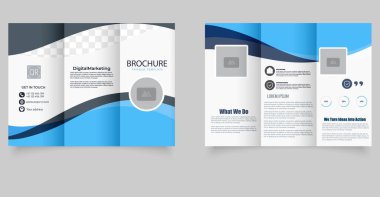 Dijital Pazarlama Broşür Şablonu Mavi Dalga İş Modeli. Mavi dalga tasarımı ve profesyonel planlı yaratıcı üç katlı broşür şürü.