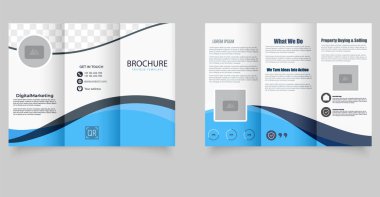 Dijital Pazarlama Broşür Şablonu Mavi Dalga İş Modeli. Mavi dalga tasarımı ve profesyonel tasarımı olan yaratıcı üç katlı broşür. Tamamen düzenlenebilir ve yazdırılabilir.