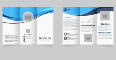 Dijital Pazarlama Üçlü Broşür Şablonu. Mavi Dalga İş Planı. Tamamen düzenlenebilir ve yazdırılabilir.
