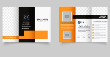 Turuncu Geometrik üç katlı iş broşürü. İş için ideal, dijital pazarlama, danışmanlık ve kurumsal markalaşma. Yazdırılabilir şablon.