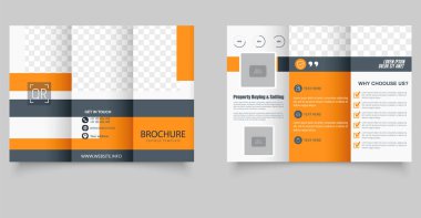 Turuncu Geometrik üç katlı iş broşürü. İş için ideal, dijital pazarlama, danışmanlık ve kurumsal markalaşma. Yazdırılabilir şablon.